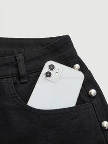 Maija Women's Fashion Side Rivet Decor Wide Leg Jeans - Black - View 4