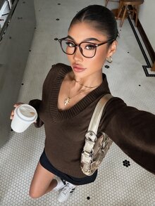 Muchica 女款休閒舒適咖啡棕色V領長袖針織衫，秋冬款 - 棕色 - 查看 4