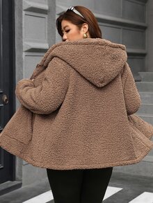 SHEIN Clasi Jaket Lengan Panjang Kasual Serbaguna Wanita Ukuran Besar Warna Polos dengan Resleting - Khaki - View 2