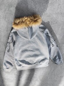 SHEIN 兒童青少年男孩休閒運動抓絨領連帽外套，灰色花卉圖案，秋季復古風，男孩夾克，冬季上衣，冬季外套，冬季穿搭 - 灰色 - 查看 4