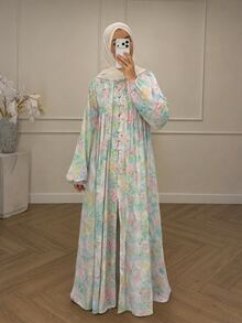 Yasmyna Women's Floral Print Button Loose Casual Elegant Maxi Dress - Green - View 1