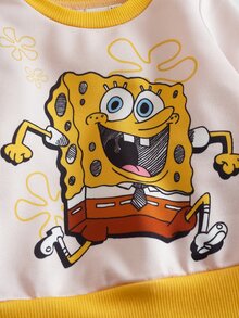 SpongeBob SquarePants | SHEIN 男嬰卡通圖案長袖運動衫與運動長褲休閒日常套裝 - 黃色 - 查看 4