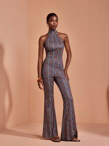 JIAN LASALA All-Over Print Halter Neck Tie Sleeveless Flared Leg Women Summer Jumpsuits Boho Casual - Multicolor - View 3