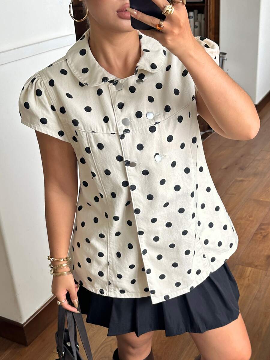 Rivivi Summer New Printed Polka Dot Peter Pan Collar Plus Size Denim Jacket - Multicolor - View 1