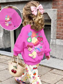 Young Girl Cute Nordic Style Dopamine Fun Fruit & Floral Pattern, Casual Loose Drop Shoulder Long Sleeve Sweatshirt & Pleated Wide Leg Sweatpants Set With Fleece Lining - Multicolor - View 2