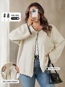 SHEIN CURVE+ Cardigan Rajut Wanita Ukuran Plus dengan Blok Warna dan Hem Melengkung - Aprikot - View 1