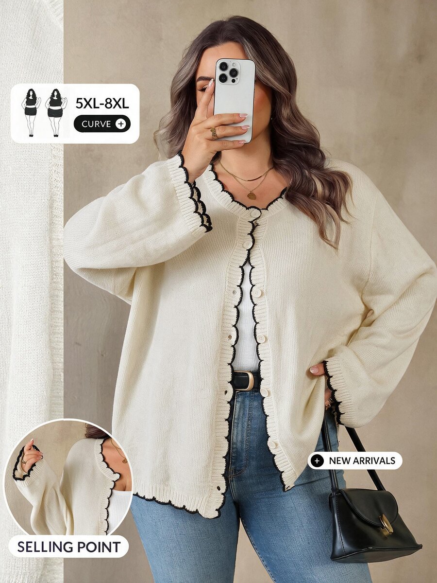 SHEIN CURVE+ Cardigan Rajut Wanita Ukuran Plus dengan Blok Warna dan Hem Melengkung - Aprikot - View 1