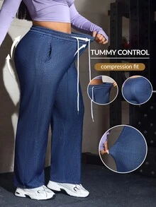 Flexra Old Money Plus Size Women's Blue Stretch Denim Banana Leg Pants With Elastic Waistband And Drawstring - Dark Wash - View 1