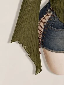 SHEIN ICON Y2K棕色秋季不對稱下擺喇叭袖復古植絨網紗透視前開襟女款上衣 - 軍綠色 - 查看 3