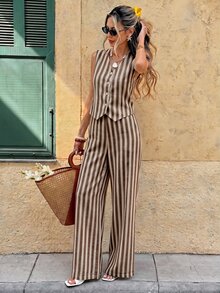 SHEIN Frenchy 女款條紋單排扣上衣與長褲休閒日常套裝 - 彩色 - 查看 7