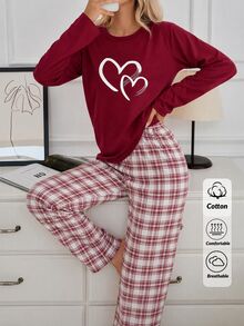 SHEIN طقم بيجاما منزلي من القطن للنساء مكون من قطعتين: بنطال بطبعة خطوط ولباس علوي بطبعة قلوب - عنابي اللون - مشاهدة 7