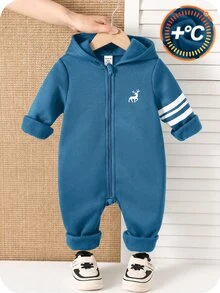SHEIN 布料紅色男嬰連帽長袖拉鍊連身衣 秋冬連身褲 - 霧霾藍 - 查看 7