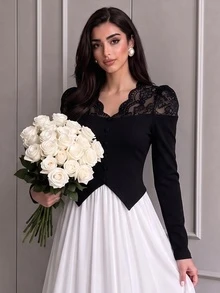 Modelyn Women's Elegant V-Neck Fitted Lace Patchwork Waist-Cinching Knit Top For Daily Commute And Date Outfits - Black - View 6