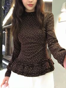 DAZY Women's Casual All-Over Floral Print Long Sleeve Korean Style T-Shirt - Coffee Brown - View 3