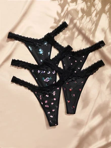 Charlaine Romantic Lace Ditsy Floral Elegant Flower Thong Panties 5pcs Set - Multicolor - View 5