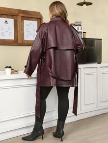 SHEIN CURVE+ Plus Size Women Burgundy PU Belted Jacket Winter Christmas - Burgundy - View 4