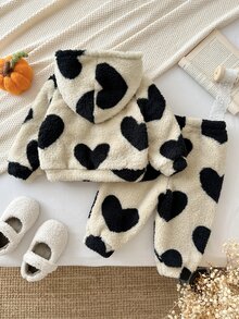 LMoss Kids Baby Girl Knitted Heart Pattern Faux Fur Hooded Long Pants Casual Sweatshirt Set 2 Pieces - Black and White - View 2