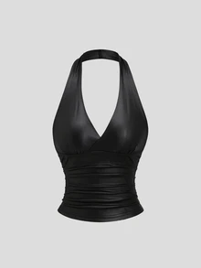 Sweetra Women's Black PU Leather Spaghetti Strap V-Neck Ruched Fitted Camisole Tank Top - Black - View 3