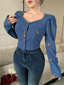 Feyla New French Vintage Floral Embroidered Design Corduroy Petal Sleeve Short Blouse Top - Dusty Blue - View 6
