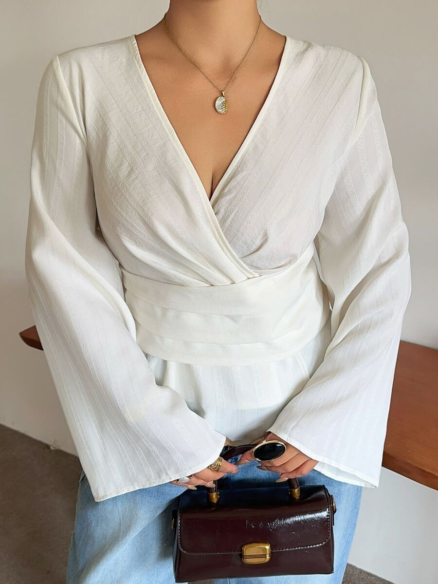 Dazy Plus Fun Commute Tie Asymmetrical Hem V-Neck Spring Autumn New Long Sleeve Shirt - Apricot - View 1