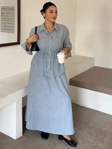 Dazy Plus Set 2 Potong Kemeja Longgar Kasual Bertali dengan Motif Garis dan Rok, Fashion Baru Musim Semi/Gugur - Biru - View 2