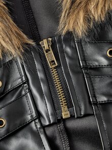 ROMWE J-Fashion Y2K 秋冬千禧辣妹風可拆卸人造毛領女款PU皮革上衣 - 棕色 - 查看 4