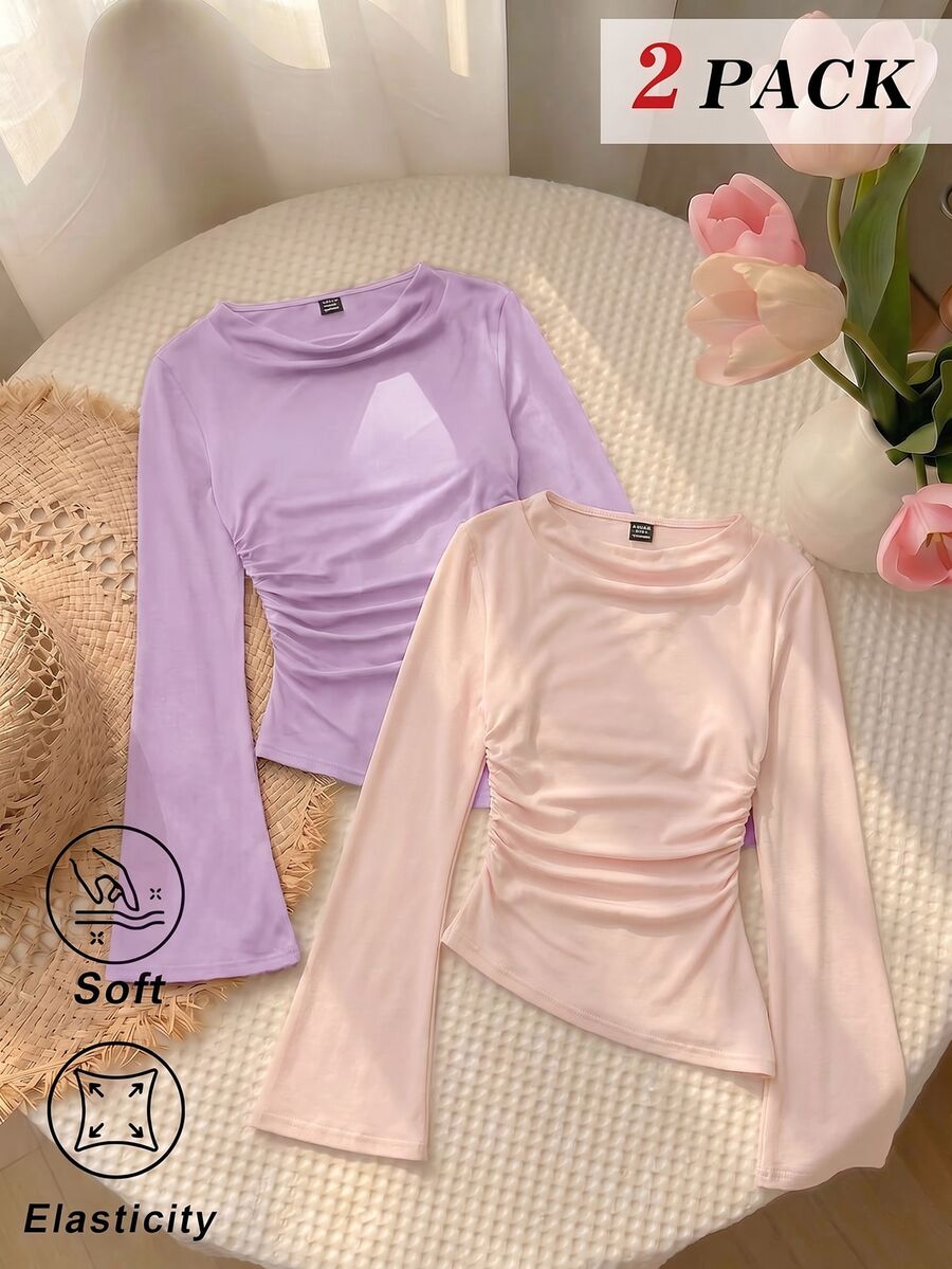SHEIN MOD 女款 2 件組 酒紅與杏色圓領抓皺喇叭袖收腰不對稱下擺百搭長袖 T 恤打底衫 - 紫丁香色 - 查看 1