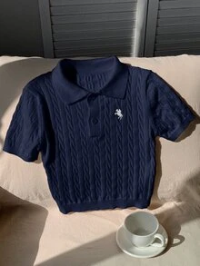 Comfortcana Plus Size Vintage Collegiate Embroidered Polo Collar Navy Blue Knit Top - Navy Blue - View 6