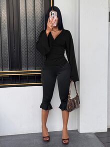 Slaydiva Casual Plus Size V-Neck Black Long Sleeve T-Shirt, Suitable For Autumn, Party, Music Festival, Y2K, Halloween Fall - Black - View 3