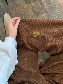 DAZY Women's Floral Embroidered Pocket Wide Leg Loose Casual Long Pants - Brown - View 6