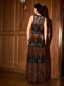 MOTF PREMIUM WOMEN'S AUTUMN/WINTER LACE PATCHWORK VELVET PLEATED LONG DRESS - Apricot - View 3