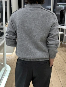 DAZY 秋冬男士 Polo 領半鈕扣開襟針織衫，露縫線設計，麻灰色 - 灰色 - 查看 2