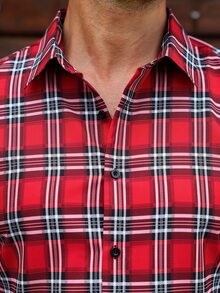 Manfinity Mode 男士簡約紅黑格紋長袖襯衫，鈕扣休閒襯衫，適合派對與秋季穿著 - 紅色 - 查看 6