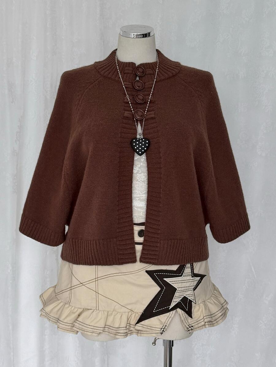 Sunspun Women Plus Size Casual Retro 1950s Vintage Batwing Sleeve Frog Button Cardigan Sweater Fall Thanksgiving Holiday Birthday Maroon - Brown - View 1