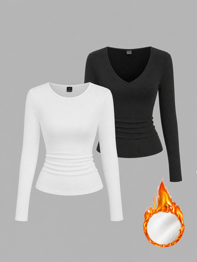 Flirla 2 piezas de camisetas de mujer de cuello redondo con forro térmico de unicolor