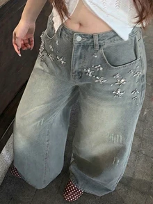 Dazy Plus Rhinestone Studded Korean Style Loose Fit Distressed Casual Denim Jeans All Season - Medium Wash - View 1