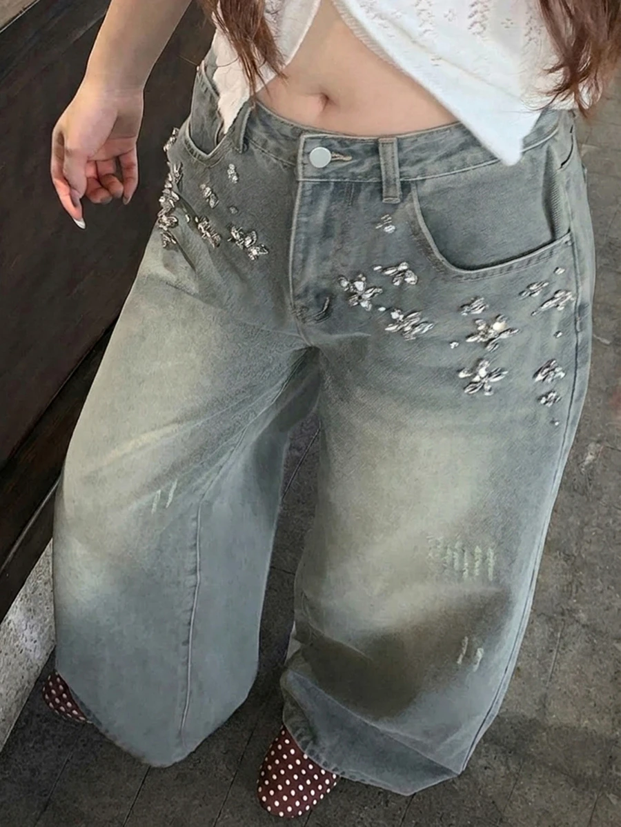 Dazy Plus Rhinestone Studded Korean Style Loose Fit Distressed Casual Denim Jeans All Season - Medium Wash - View 1