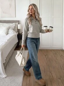 Easowa Sweater Wanita Musim Gugur/Musim Dingin Minimalis Kasual Bergaris Patchwork Kancing Setengah Plaket Sweater untuk Makan Siang/Kantor Abu-abu Muda - Khaki - View 4