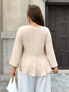 Easura Plus Size Women Gentle Minimalist Loose V-Neck Blouse, Flared Umbrella Hem Design, Commute & Home Wear Plus Size Shirt - Apricot - View 2