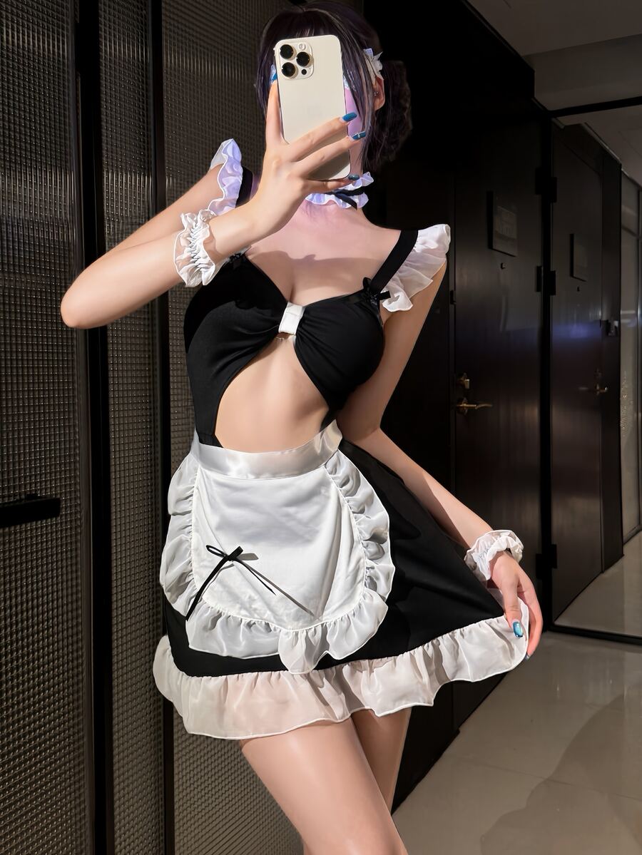 Dansine Women's Colorblock Pleated Dress Sexy Cosplay Costume Set - Black - View 1
