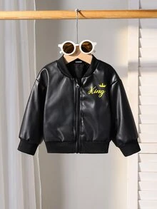 SHEIN Playful Pals 1件幼童男孩PU皮革飛行員夾克，帥氣黑色國王皇冠印花，拉鍊開襟長袖立領，正裝版型，生日秋季假期聖誕外套 - 黑色 - 查看 1