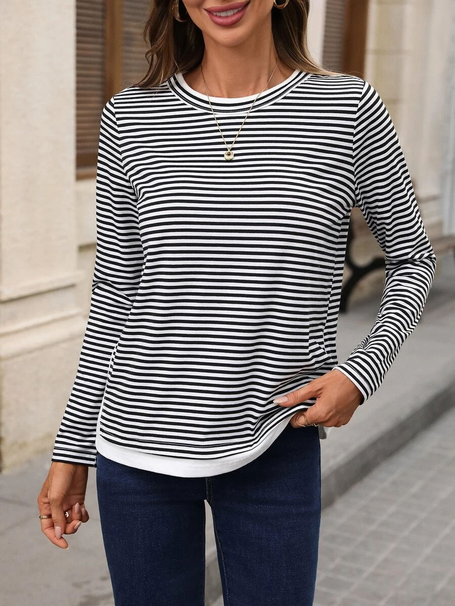 EMERY ROSE Women's Fine Striped Pattern Long Sleeve Crew Neck Versatile Casual T-Shirt - Black and White - View 1