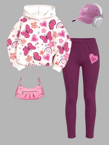 1set Young Girl 2 Pieces Outfit, All-Over Print Butterfly, Flower, Heart, Rainbow Pattern Hooded Sweatshirt Paired With Purple Elastic Leggings With Heart Pattern, Cute Children's Clothing For Spring And Autumn - Multicolor - View 3