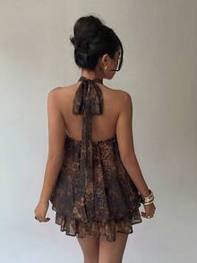 Aloruh Women's Elegant Pale Yellow Halter Neck Tie Mini Dress - Brown - View 2