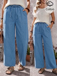 SHEIN MOD Women's Elastic Waist Drawstring Tie Pocket Denim Jeans - Light Wash - View 5