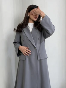Yasveil Women Medium Grey Notched Lapel Double Breasted Fitted Waist Long Abaya Modest Muslim Dress Middle East Dubai Fall Office Elegant Robe - Grey - View 5