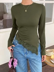 Serisse 女款時尚蕾絲拼接不對稱下擺長袖T恤 - 軍綠色 - 查看 9