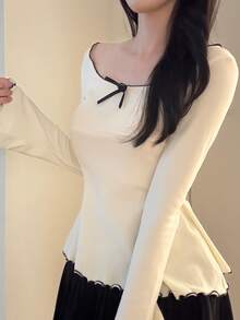 DAZY Contrast Color Wavy Edge Ruffle Bow Slim Fit Long Sleeve Flare Cuff Casual Vacation Korean Style Spring Autumn Women T-Shirt - Apricot - View 6