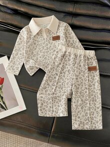 Baby Girls Leopard Polo Wide Leg Pants 2 Pcs Set,Beige Elastic Waistband.Suburban Outings, Shopping, Other Occasions, Spring /Autumn/Winter - Khaki - View 9