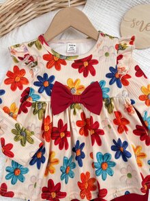 SHEIN Baby Girl Knitted Floral Pattern Round Neck Casual T-Shirt & Long Pants 2pcs Set - Multicolor - View 4